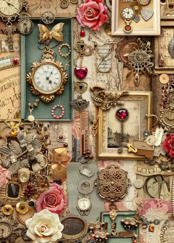 Vintage-Puzzles für Erwachsene, 1000 Teile, Retro-Hintergrund mit Alten Büchern, Uhren, Herzen und Anderen Gegenständen, Puzzle, Unmögliche Puzzles für Erwachsene, 50x70 cm von TISHIRON