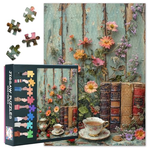Vintage-Puzzles für Erwachsene, 1000 Teile, Tasse Tee mit Büchern und Blumen auf altem Holzhintergrund, Puzzle, Unmögliche Puzzles für Erwachsene, 50x70 cm von TISHIRON