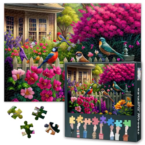Vogel-Collage-Spiele, 1000-teiliges Puzzle für Erwachsene, Vögel und Blumen in einem Garten mit Zaun, anspruchsvolle und doch entspannende Aktivität für Spieleabende, fertige Größe ist 70 x 50 cm Vogel-Collage-Spiele, 1000-teiliges Puzzle für Erwachsene, Vögel und Blumen in einem Garten mit Zaun, anspruchsvolle und doch entspannende Aktivität für Spieleabende, fertige Größe ist 70 x 50 cm von TISHIRON