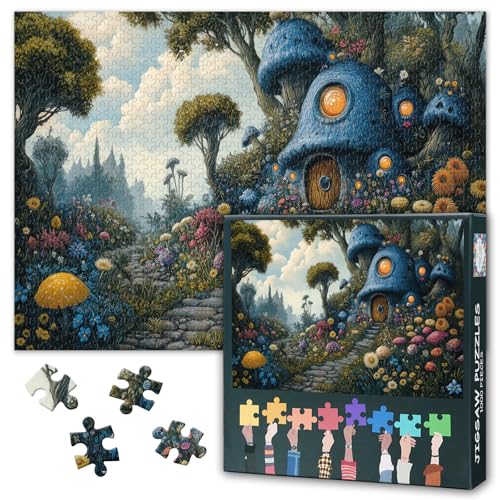Whimsical Pilz Haus 1000 Stück Puzzle für Erwachsene Bunte Blumen und Pilze Puzzles Herausfordernde Puzzles Geeignet für Spiel Nächte fHome Wanddekoration Fertige Größe: 70x50cm von TISHIRON