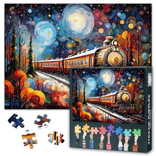 Winter-Zug-Puzzles für Erwachsene, 1000 Teile, schwierige, herausfordernde Weihnachtszüge, Puzzles für Hausdekoration, Kunstwerke, Zug, Laufpuzzle, perfekt für Familienspielabend, 70 x 50 cm von TISHIRON