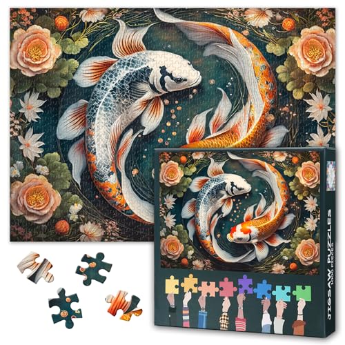 Yin-Yang Koi Harmonie Puzzles, Lucky Koi 1000 Teile Großformat Puzzle für Erwachsene & Familien, Puzzle 1000 Teile, schöne Blumen, lebendige Kunstwerke, Größe: 70 x 50 cm von TISHIRON