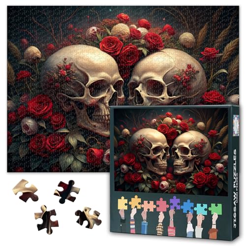 Zwei Totenkopf Puzzles Für Erwachsene 1000 Teile Totenköpfe Umgeben Von Roten Rosen Puzzles Für Die Wohnraumdekoration Intelligenz Puzzle Als Geschenk Für Familie Und Freunde Spiele 50cmx70cm von TISHIRON