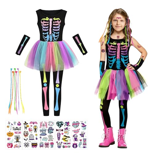 TISMHGKU Mädchen Skelett Kostüm Set, Buntes Skelett Kleid mit Faszinierend Haarverlängerungen Temporären Tattoos, Halloween Kostüm Kinder für Halloween Karneval Dress Up Partys (M) TISMHGKU Mädchen Skelett Kostüm Set, Buntes Skelett Kleid mit Faszinierend Haarverlängerungen Temporären Tattoos, Halloween Kostüm Kinder für Halloween Karneval Dress Up Partys (M) von TISMHGKU