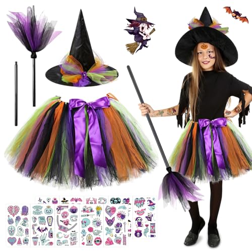 TISMHGKU Halloween Hexenkostüm Kinder,Hexenkostüm Mädchen Set,Hexen Kostüm Kinder,Tutu Rock mit Hexen Hut Leuchtaufkleber und Besen,Witch Costume Girl für Karneval, Fasching, Cosplay, Party TISMHGKU Halloween Hexenkostüm Kinder,Hexenkostüm Mädchen Set,Hexen Kostüm Kinder,Tutu Rock mit Hexen Hut Leuchtaufkleber und Besen,Witch Costume Girl für Karneval, Fasching, Cosplay, Party von TISMHGKU