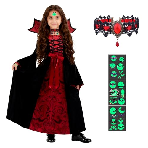 Vampir Kostüm Mädchen, Halloween Vampir Kostüm Kinder, Vampirkostüm Kinder, Gothic Vampirin Kleid mit Rose Rubin Halskette Tattoo Aufkleber, Halloween Party Outfit für Vampire Themed Feiern (L) von TISMHGKU