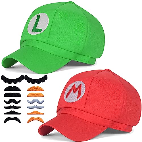TISOSO Super Bros Hut Elastische Kappe Halloween Cosplay Kostüm Schnurrbärte Zubehör für Erwachsene 57,1 - 59,9 cm Rot Grün von TISOSO