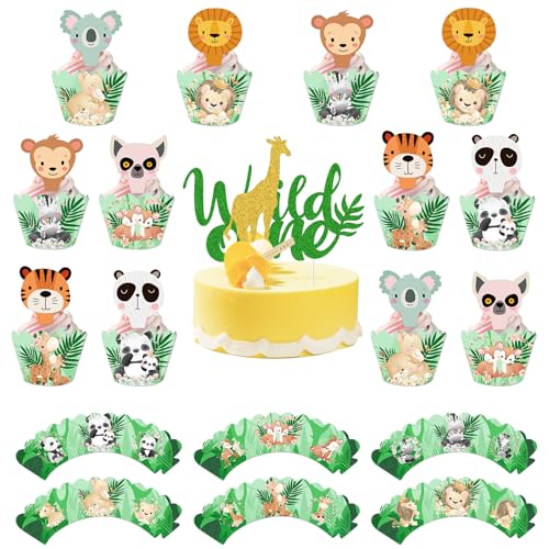 25Pcs Dschungel Tiere Cupcake Wrappers, Waldtiere Muffin Deko, Tier Cupcake Topper, Dschungel Tiere Geburtstag Party Tortendeko von TIVUNORON