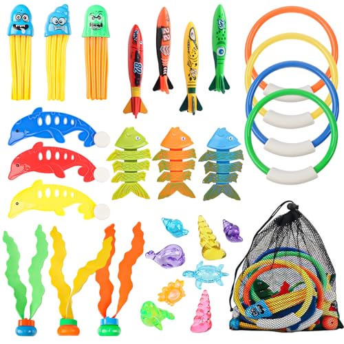 29Pcs Tauchspielzeug für Kinder, Wasserspielzeug Kinder Schwimmbad für Tauchtraining, Delfine, Fischgräte, Qualle, Toypedo Banditen, Tauchringe, Algenspielzeug und Edelsteinen, Schwimmbad Spielzeug von TIVUNORON