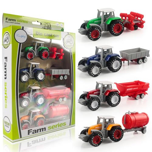 4 Stück Mini Traktor Spielzeugautos, Set Traktor mit Frontlader von TIVUNORON
