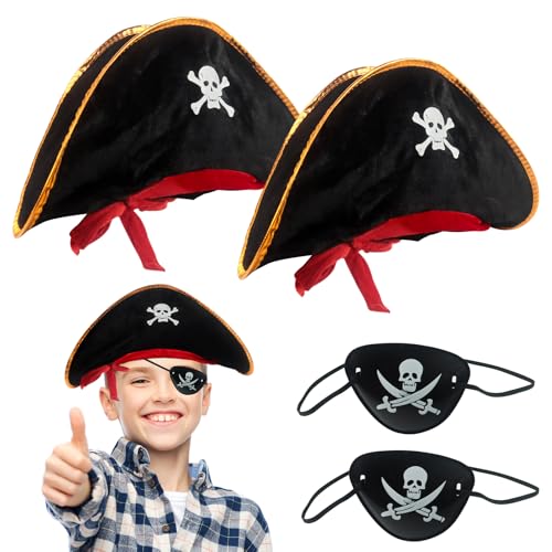 Piraten Kapitän Kostüm Zubehör, 2Pcs Piraten Hut + 2Pcs Totenkopf Augenklappe, Halloween-Kostümzubehör zum Thema Piraten von TIVUNORON