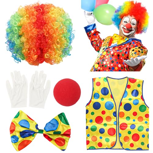 TIVUNORON Clown Kostüm, 5Pcs Clown Zubehör Set, Regenbogen Clown Zubehör Enthalten Clown Weste Haare Clownsnase Rot Bunte Fliege und Handschuhe, Karneval Skostüm Cosplay, Zirkus Kostüm Passend von TIVUNORON