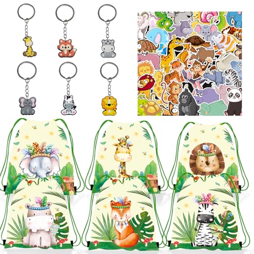 Dschungeltiere Party mitgebsel Set, 52Pcs Kindergeburtstag Party Geschenke, Kinder Kordelzugbeutel, Schlüsselanhänger Silikon, Cartoon Tier Aufkleber, Tierische Party Mitgebsel Geschenke von TIVUNORON