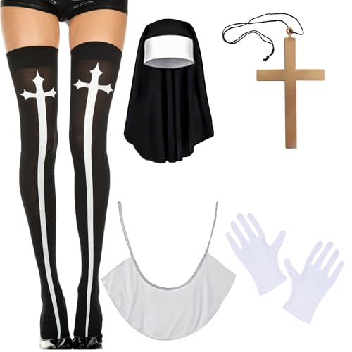 TIVUNORON Halloween Nonnen Kostüm Zubehör, Nonnen Kopfschmuck Kragen Kreuz Halskette Handschuhe Dem Knie Socken, Kostüm Nonne Zubehör Für Halloween Cosplay Karneval von TIVUNORON