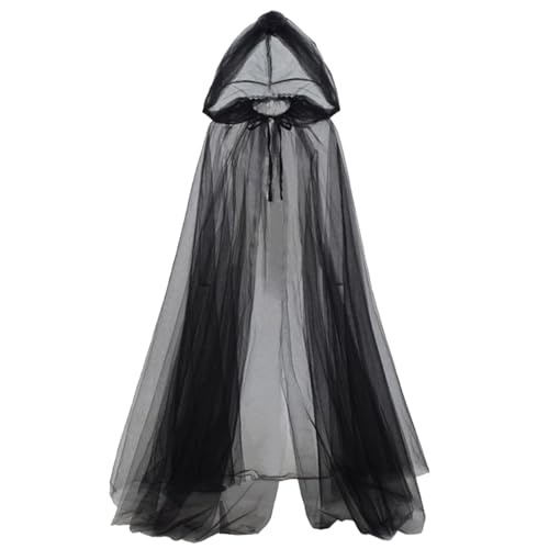 TIVUNORON Halloween Tüll Sheer Umhang mit Kapuze, Halloween Umhang mit Kapuze, Geisterumhang für Rollenspiele Cosplay Maskerade(Schwarz) von TIVUNORON