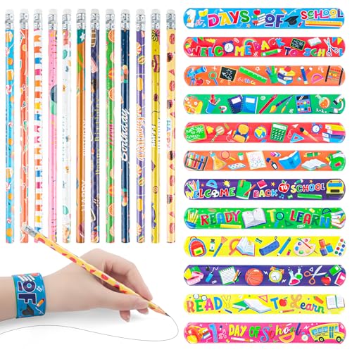 TIVUNORON Kinder Einschulung Mitgebsel Set, 24Pcs Einschulung Schreibwarene Geschenke, Slap Armband, HB Bleistifte mit Radiergummi, Geschenkset für Kinder zum Schulbeginn von TIVUNORON