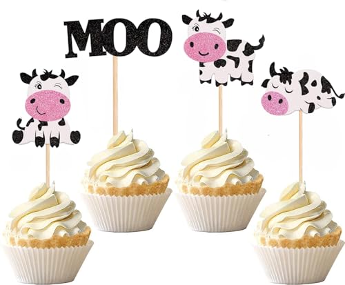 24 Stück Cupcake Topper Milchkuh, Cake Topper Kuh, Bauernhof Moo Cupcake Picks, Bauernhof Geburtstag Dekorationen, für Kinder Geburtstag Party Kuchendekorationen Zubehör von TIutmivo