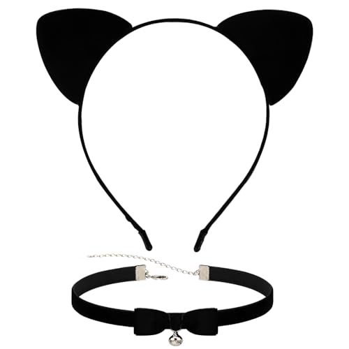 TIutmivo Katzenohren Stirnband, Katze Haarbänder Haarschmuck, Cat Ears Stirnban, Katze Ohren Stirnband, für Frauen Mädchen Cosplay Kostümfest Schwarz (Katzenohr+Halskette) von TIutmivo