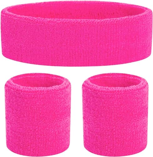 3 in 1 Schweißband pink Set mit Stirnband - als Accessoire Vokuhila Kostüm zu Retro neon 80er 90er Outfit Fasching & Karneval von TK Gruppe Timo Klingler