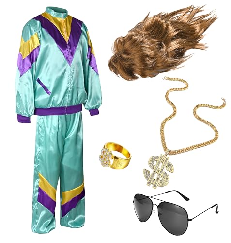 6 in 1 Vokuhila Set 80er Outfit Kostüm mit Unisex Trainingsanzug, Assi Perücke, Goldkette, Brille - für Fasching & Karneval (170-190 cm) von TK Gruppe Timo Klingler