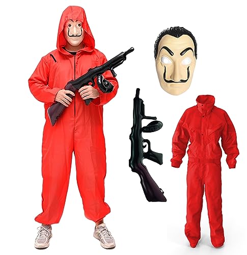 TK Gruppe Timo Klingler Kostümheld® 3 in 1 Unisex Kostüm Set - Haus des Geldes für Erwachsene Unisex mit Dali Salvador Maske, Gewehr, Anzug für Fasching & Halloween (XL-XXL / 180-200 cm) von TK Gruppe Timo Klingler