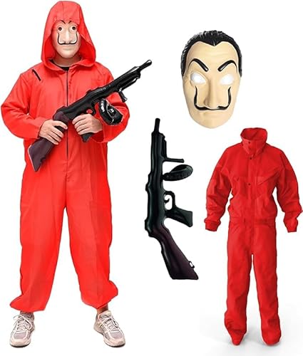 TK Gruppe Timo Klingler Kostümheld® 3 in 1 Unisex Kostüm Set - Haus des Geldes für Erwachsene Unisex mit Dali Salvador Maske, Gewehr, Anzug für Fasching & Halloween (M-L / 160-180 cm) von TK Gruppe Timo Klingler