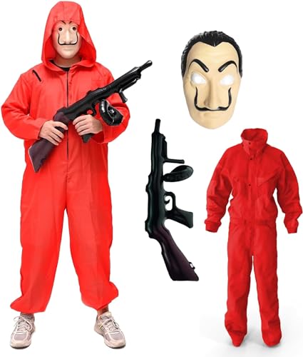 TK Gruppe Timo Klingler Kostümheld® 10x Kostüm Set - Haus des Geldes 3 in 1 Unisex für Erwachsene Unisex mit Dali Salvador Maske, Gewehr, Anzug für Fasching & Halloween (XL-XXL /180-200 cm) von TK Gruppe Timo Klingler