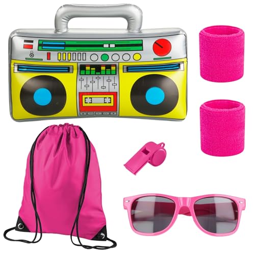 TK Gruppe Timo Klingler Schweißband pink Set mit Stirnband - als Accessoire Vokuhila Kostüm zu Retro neon 80er 90er Outfit Fasching & Karneval (XXL Retro Set) von TK Gruppe Timo Klingler