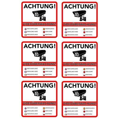 6 Achtung Videoüberwachung Premium Aufkleber – Schild – Sticker |Hinweisschild – Warnschild für mit Kamera videoüberwachtes Objekt – Haus – Gelände| Kratz- wetterfest|10 x 10 cm von TK THERMALKING