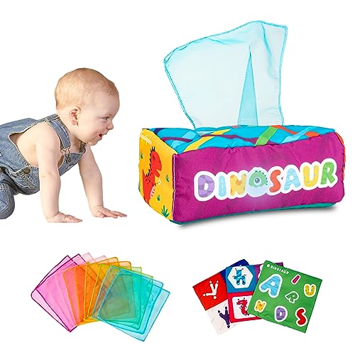 Baby Spielzeug ab 6 Monate - Tissue Box Montessori Spielzeug - Sensorik Spielzeug Baby, Dinosaurier Anzahl Tuch Farbig Seidentuch Pädagogisches Kinderspielzeug, Jungen&Mädchen Kinder Baby Geschenke von TK99SW