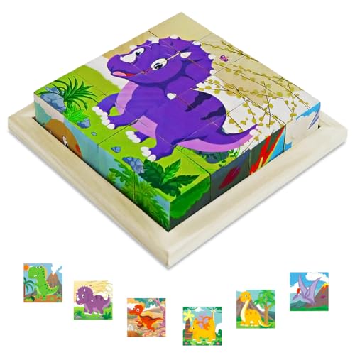 Bilderwürfel Holz, Holzpuzzle 3D Würfelpuzzle Puzzlespiele 6 in 1 Dinosaurier-Motive für Kinder ab 1 2 3 Jahre, Montessori Lernspielzeug Geschenk für Jungen und Mädchen von TK99SW