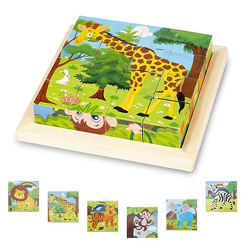 Bilderwürfel Holz, Holzpuzzle 3D Würfelpuzzle Puzzlespiele 6 in 1 Tier-Motive für Kinder ab 1 2 3 Jahre, Montessori Lernspielzeug Geschenk für Jungen und Mädchen von TK99SW