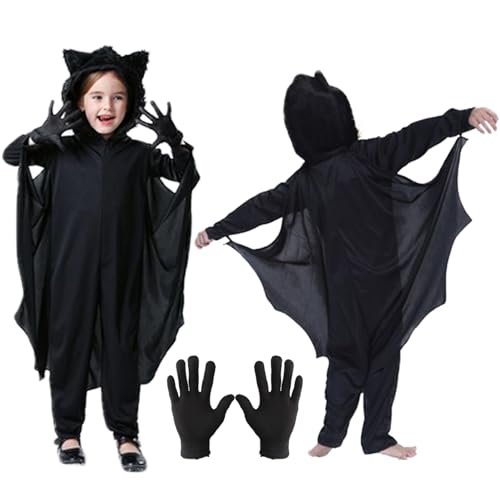 TKGEOUE Fledermaus Kostüm Kinder Halloween Umhang Mit Kapuze Und Handschuh, Cape für Cosplay, Karneval (L) von TKGEOUE