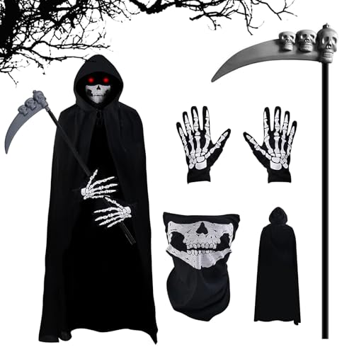 TKGEOUE Sensenmann Kostüm Umhang Set, mit Schädelmaske, Handschuhen, Sense für Halloween Karneval Cosplay. (A) von TKGEOUE