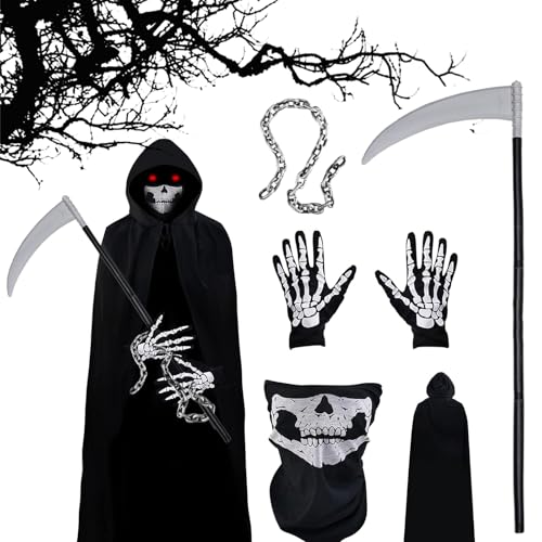 TKGEOUE Sensenmann Kostüm Umhang Set, mit Schädelmaske, Handschuhen, Sense für Halloween Karneval Cosplay. (A) von TKGEOUE