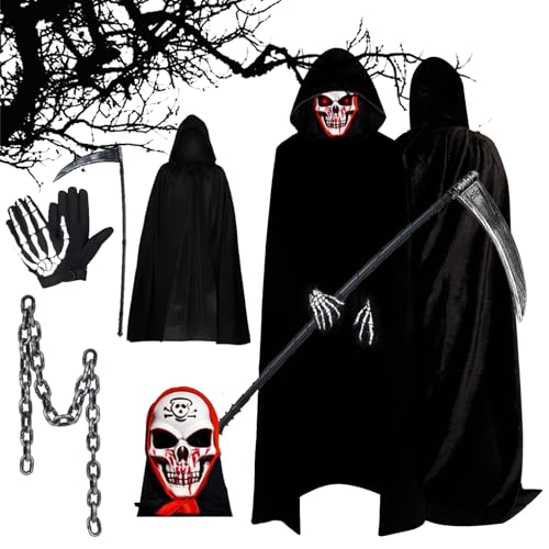 TKGEOUE Sensenmann Kostüm,Halloween Kostüm Set,Halloween Umhang Set,mit Schädelmaske, Handschuhen, Sense, Halloween Kostüm Sensenmann für Halloween Karneval Cosplay. (B) von TKGEOUE