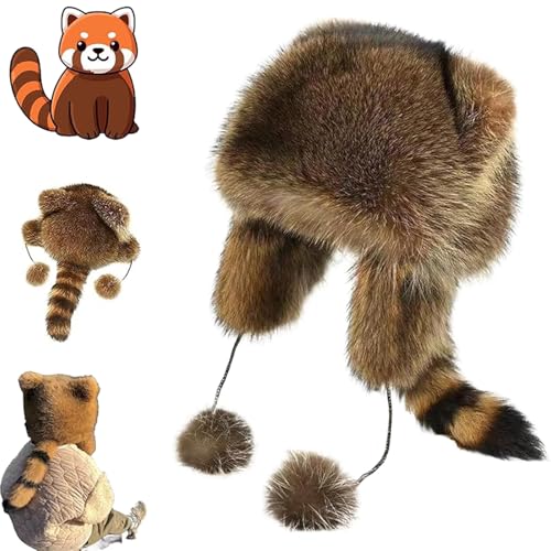 Winter Cute Raccoon Plush Hats, Raccoon Hat with Tail, Racoon Tail Hat, Soft, Warm, Furry with Tail & Adjustable Size for Cold Weather (L 7 + and Adults) von TKNIBEEN