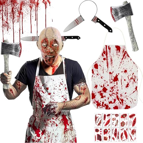 Halloween Schlachter Horror Kostüm, Metzger Halloween Kostüm Gruselig Accessoires: Blutige Schürze, Haarschmuck, Narben Tattoo, Axt, Schlächter Kostüm Damen Herren für Halloween Karneval Zombie Party Halloween Schlachter Horror Kostüm, Metzger Halloween Kostüm Gruselig Accessoires: Blutige Schürze, Haarschmuck, Narben Tattoo, Axt, Schlächter Kostüm Damen Herren für Halloween Karneval Zombie Party von TLDNZXY