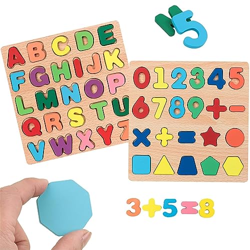 TLHWIN Holz Alphabet Puzzle Spielzeug, 2 Stück Bunt Alphabet ABC Buchstaben Zahlen Gestalten Klobige Holz Puzzle Blöcke, Learning Brettspiel Lernspielzeug Geschenk für Kleinkinder und Vorschulkinder von TLHWIN