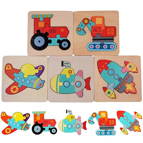 TLHWIN Holzpuzzle, Kleinkind, Spielzeug für Kinder, 5 Teile, Puzzle, Montessori, Lernspielzeug, Spiele, Fähigkeiten, Kinder, Holzspielzeug-Set für 1 Jahre, Baby, Mädchen, Jungen, Geschenk (Aerocraft) von TLHWIN