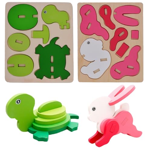 TLHWIN 3D Holzpuzzle Spielzeug, 2 Stück Bunt Dreidimensionales Schildkröten- und Kaninchenpuzzle Gestalten Klobige Holz Puzzle Blöcke, Lernspielzeug Geschenk für Kleinkinder und Vorschulkinder. von TLHWIN