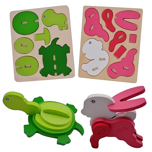 TLHWIN 3D Holzpuzzle Spielzeug, 2 Stück Bunt Dreidimensionales Schildkröten- und Kaninchenpuzzle Gestalten Klobige Holz Puzzle Blöcke, Lernspielzeug Geschenk für Kleinkinder und Vorschulkinder. von TLHWIN