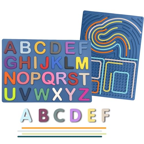 TLHWIN Kinder Lernspielzeug Set, Alphabet-Puzzle mit Buchstaben und Linien-Labyrinth, Sensorisches Aktivitätsbrett, 2-in-1-Alphabet-Puzzle aus Silikon, Blau (Blau) von TLHWIN