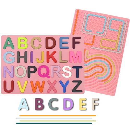TLHWIN Kinder Lernspielzeug Set, Alphabet-Puzzle mit Buchstaben und Linien-Labyrinth, Sensorisches Aktivitätsbrett, 2-in-1-Alphabet-Puzzle aus Silikon, Blau (Rosa) von TLHWIN