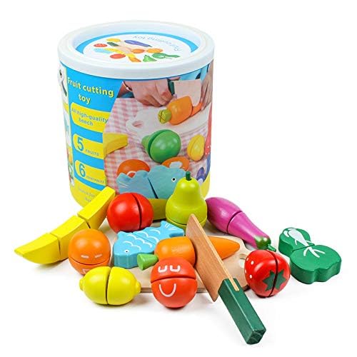 TLHWIN Montessori Holz-Spielfutter Spielzeug-Sets Gemüse und Obst Schneidset Küche Spielfutter pädagogisches Rollenspiel-Sets für Kinder Jungen Mädchen für Kindergeschenke (A-Eimer-Set) von TLHWIN