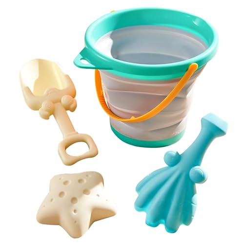 TLHWIN Robuste Strandspielzeug-Set，Sandspielzeug Set für Kinder, Faltbarer Silikon-Eimer mit Schaufeln und Muschelförmiger Sandform. (Blue) von TLHWIN