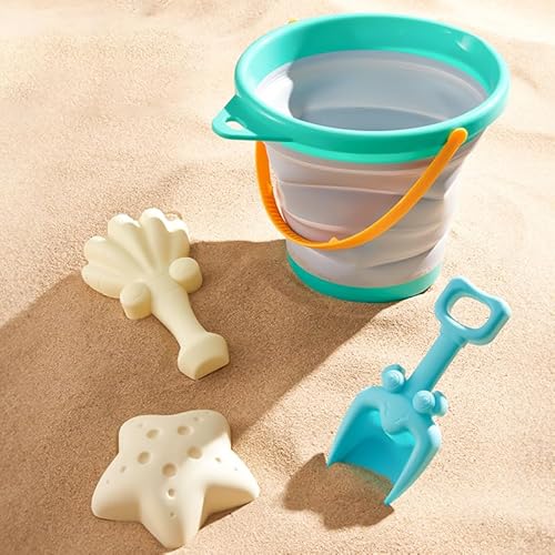 TLHWIN Robuste Strandspielzeug-Set，Sandspielzeug Set für Kinder, Faltbarer Silikon-Eimer mit Schaufeln und Muschelförmiger Sandform. (Blue) von TLHWIN