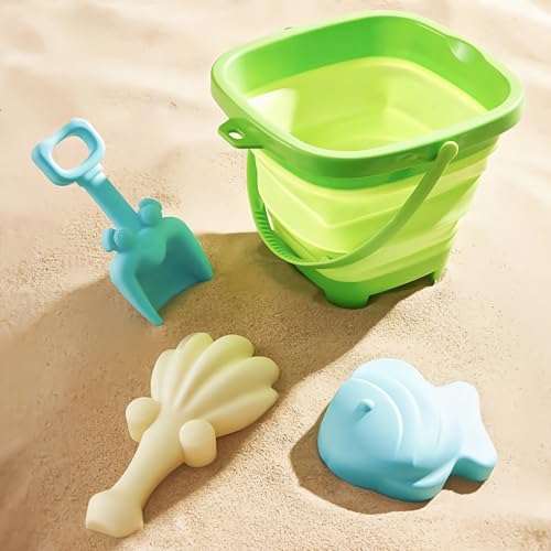 TLHWIN Robuste Strandspielzeug-Set，Sandspielzeug Set für Kinder, Faltbarer Silikon-Eimer mit Schaufeln und Muschelförmiger Sandform. (Grün) von TLHWIN