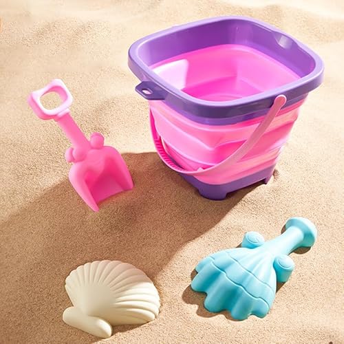 TLHWIN Robuste Strandspielzeug-Set，Sandspielzeug Set für Kinder, Faltbarer Silikon-Eimer mit Schaufeln und Muschelförmiger Sandform. (Lila) von TLHWIN