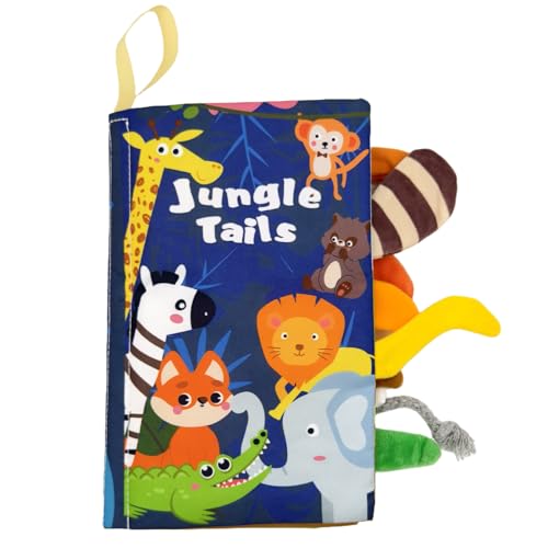 TLHWIN Stoffbuch Waldtieremit 6 interaktiven Seiten – Sinnesförderndes Babybuch (0-18 Monate) mit Knisterfolie, 3D-Plüschschwänzen & Quietscher – Sicher, waschbar & kinderwagenfreundlich von TLHWIN